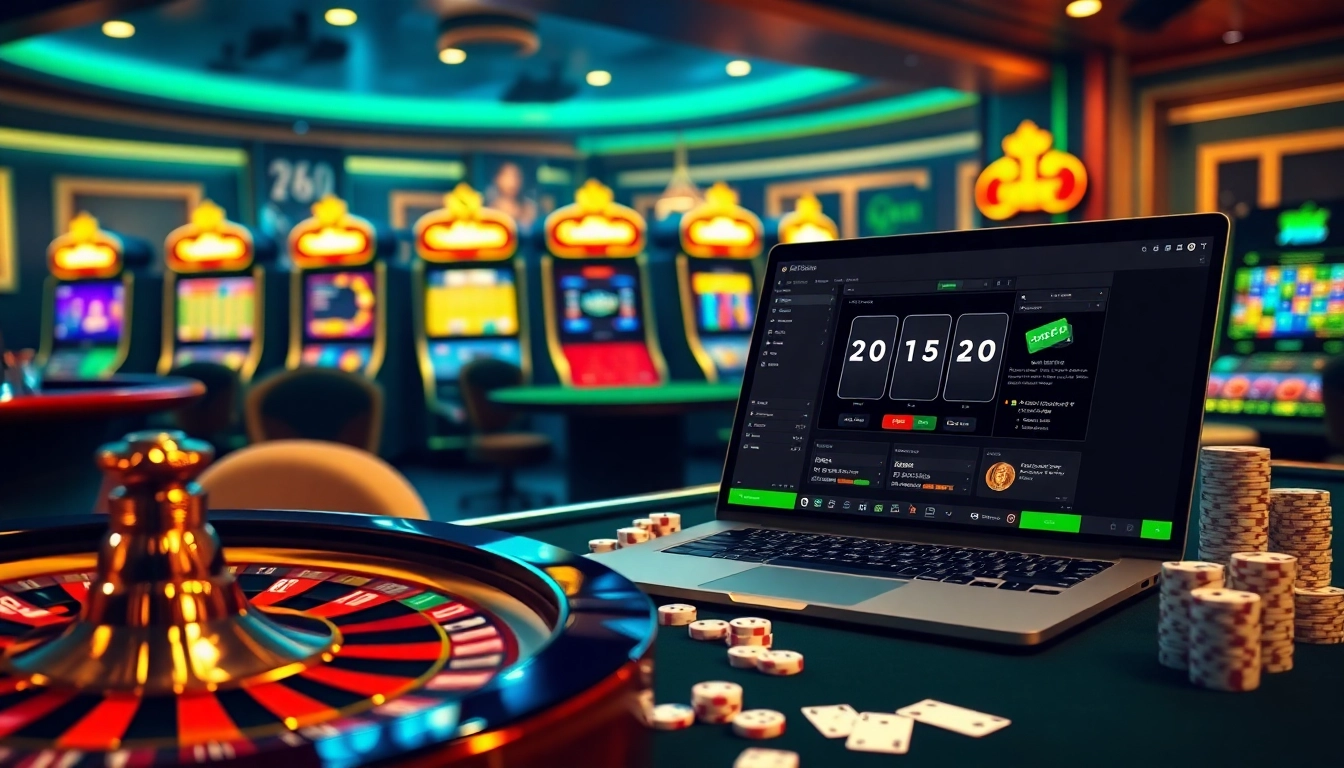 Experience the thrill of casino crypto with vibrant slot machines and a roulette wheel.