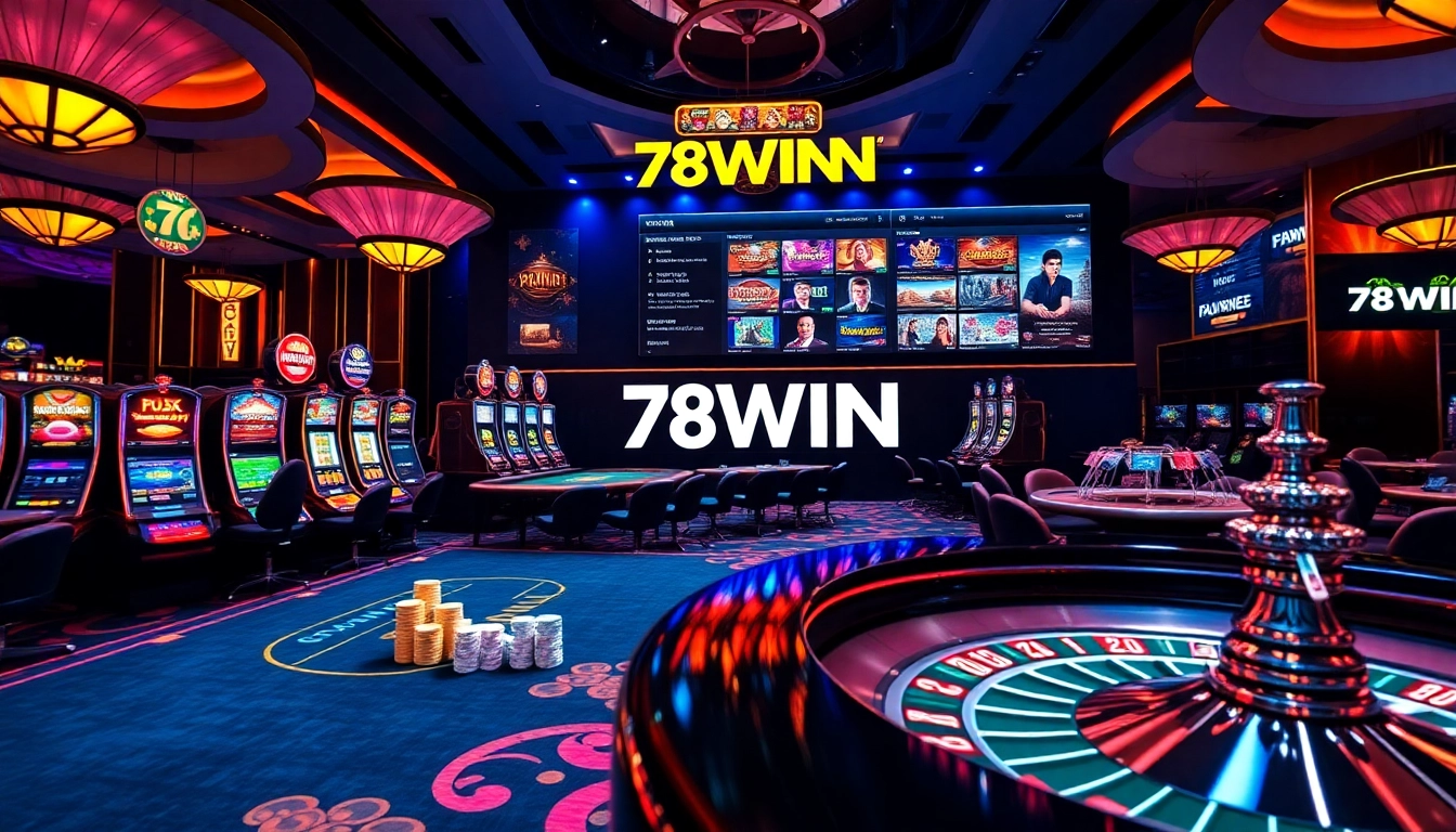 Experience thrilling gambling at 78WIN with vibrant tables, poker chips, and slots.