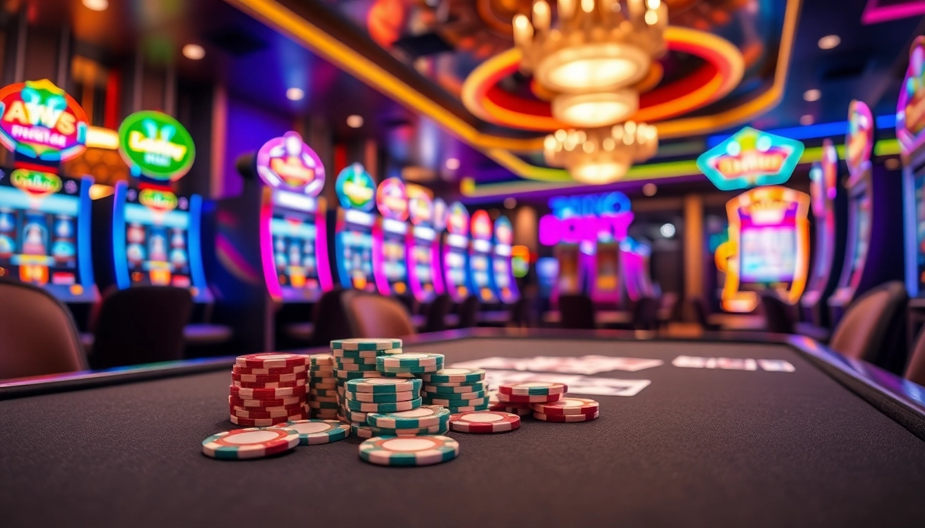 Vibrant gaming scene highlighting the meilleur casino en ligne with colorful slot machines and poker chips.