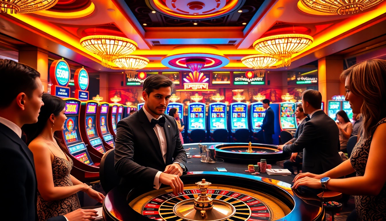 Experience high-stakes gaming with 555win com at a vibrant casino featuring slot machines and poker tables.