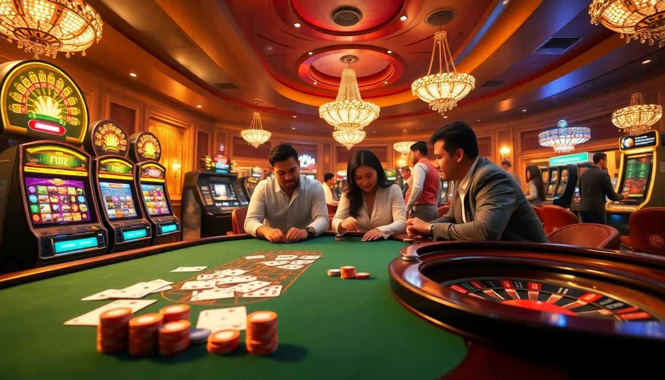 Engaging scene of players enjoying various casino games at uu88, featuring poker, slots, and roulette.