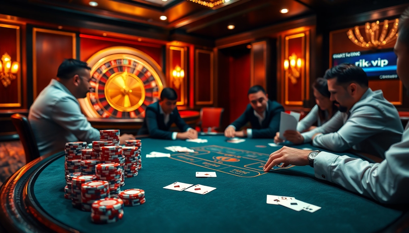 Action-packed poker game at a luxurious casino showcasing rik vip and colorful poker chips.