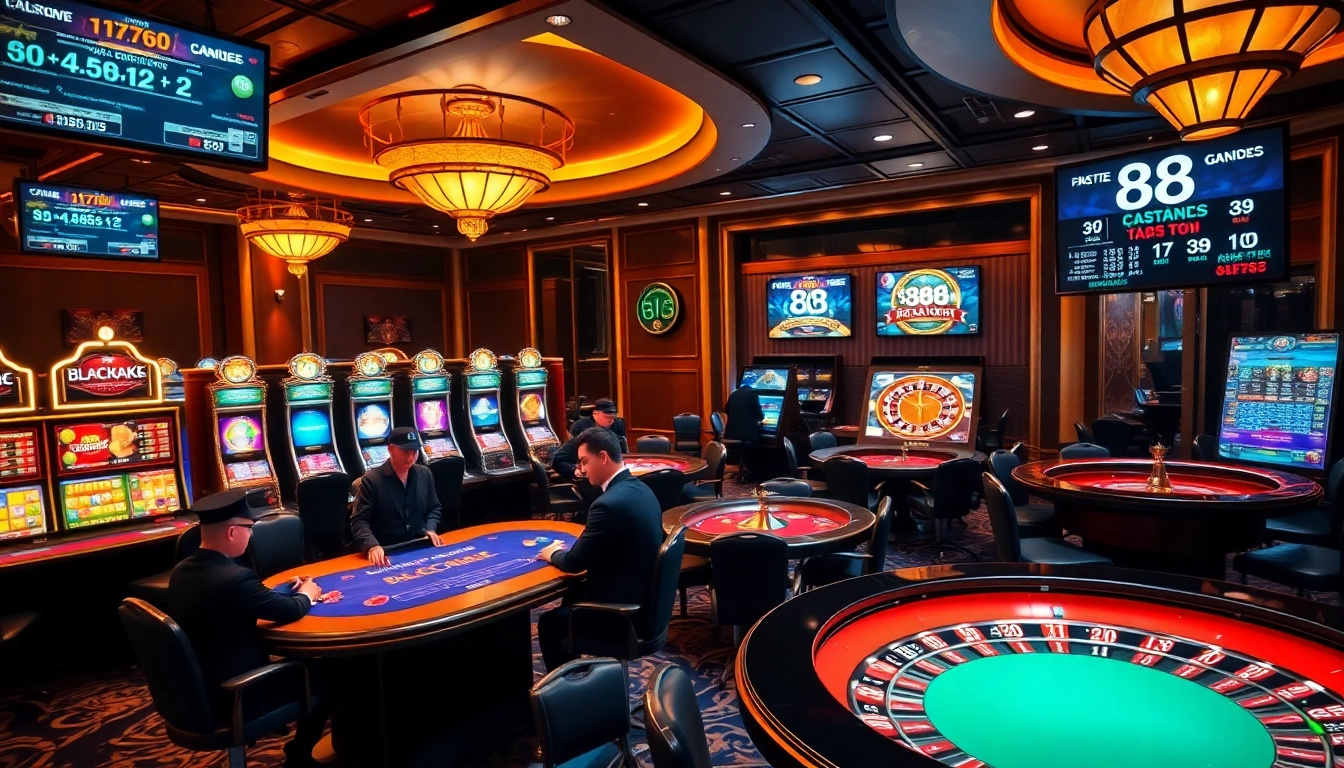 Exciting gambling scene featuring 88i gaming tables and vibrant slot machines in a luxurious casino.