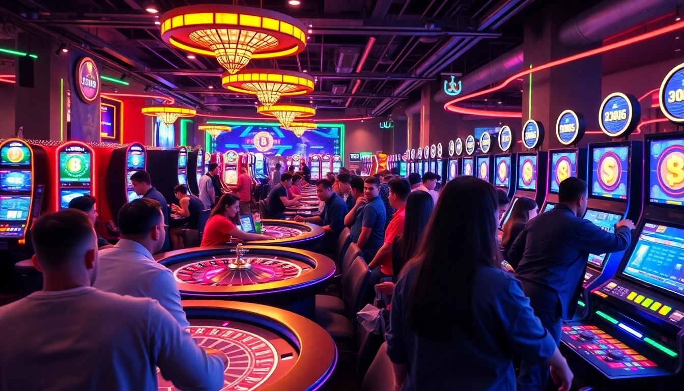 Les joueurs se divertissent dans un crypto casino avec des jeux illuminés et des symboles de cryptomonnaie. related image