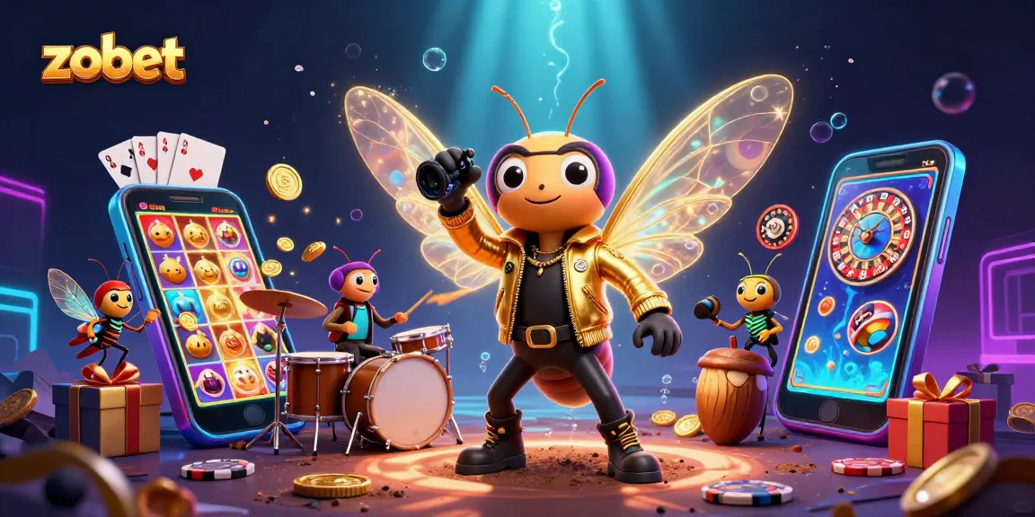 Zobet brings luck as rock star cicada captivates in a vibrant 3D casino scene.