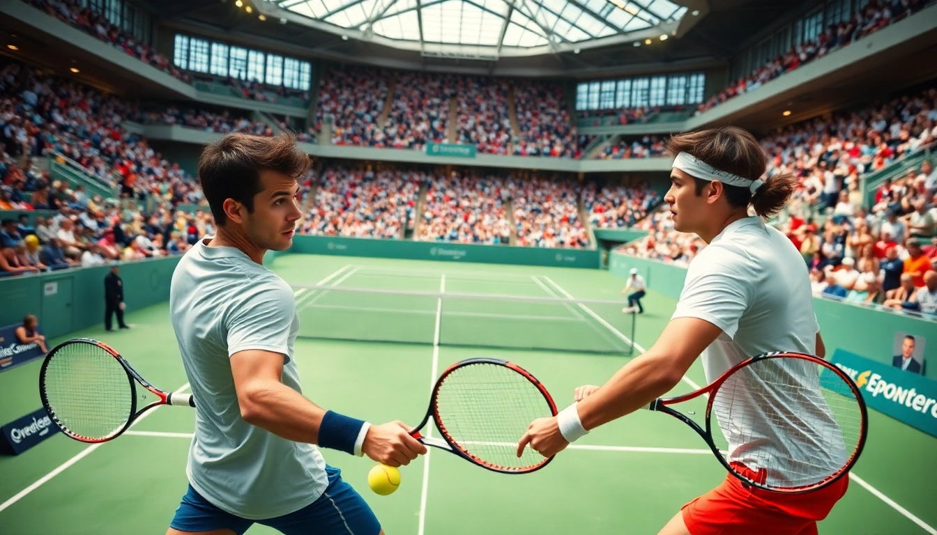 Les paris sportif tennis intensifient le match de tennis professionnel, avec des joueurs en action et une ambiance dynamique.