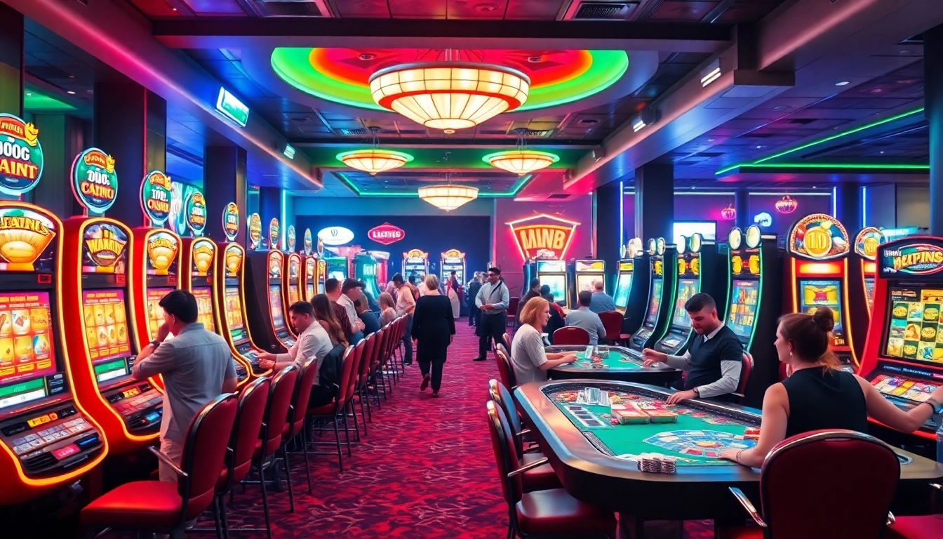 Les joueurs s'amusent dans un casino sans KYC, entourés de machines à sous et d'une ambiance vibrante.