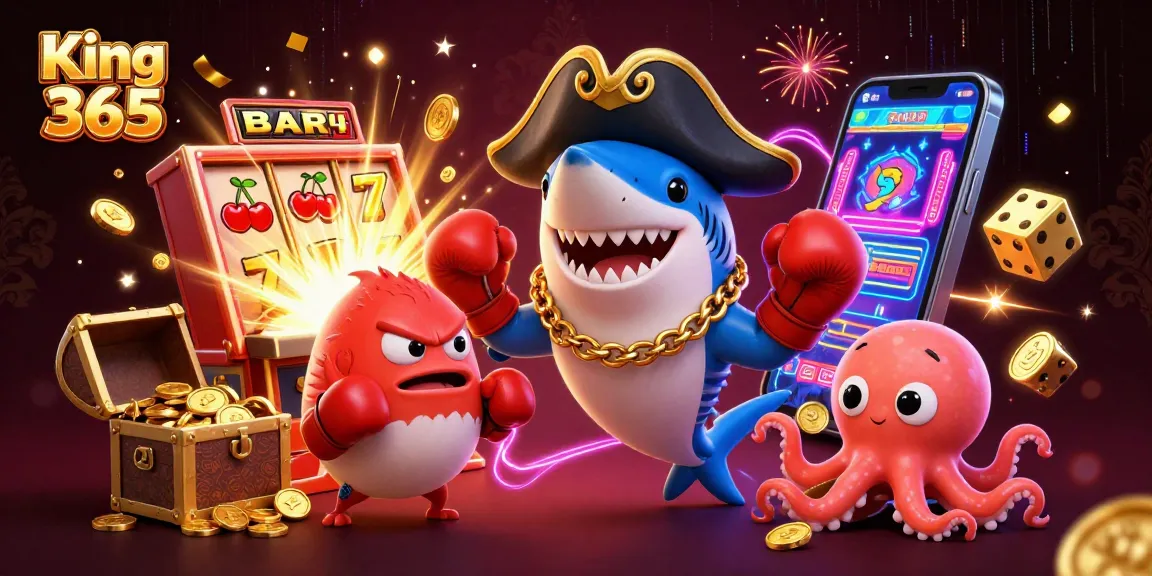 Experience the thrill of King 365 with a cartoon pirate shark and friends in a vibrant gambling scene.