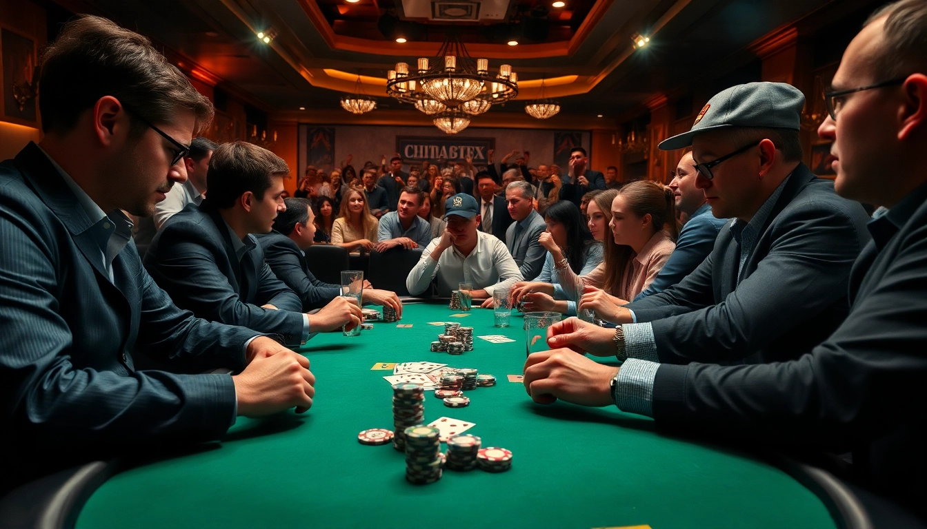 Joueurs concentrés autour d'une table de poker en ligne, captivant l'intensité du jeu. related image
