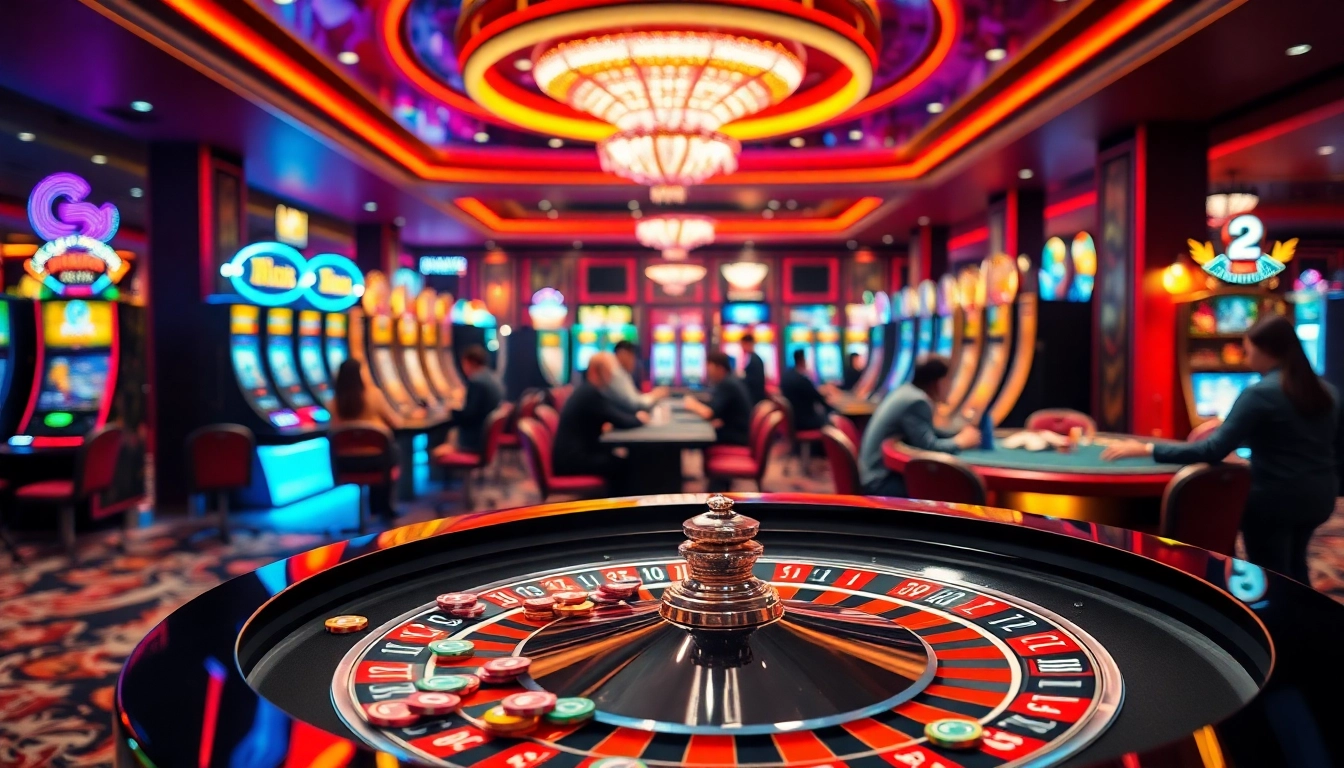 Vibrant casino en ligne france scene showcasing players at gaming tables and illuminated slots.