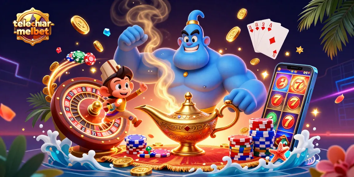 Experience telecharger-melbet with a vibrant casino scene featuring a genie, monkey, and magic carpet.