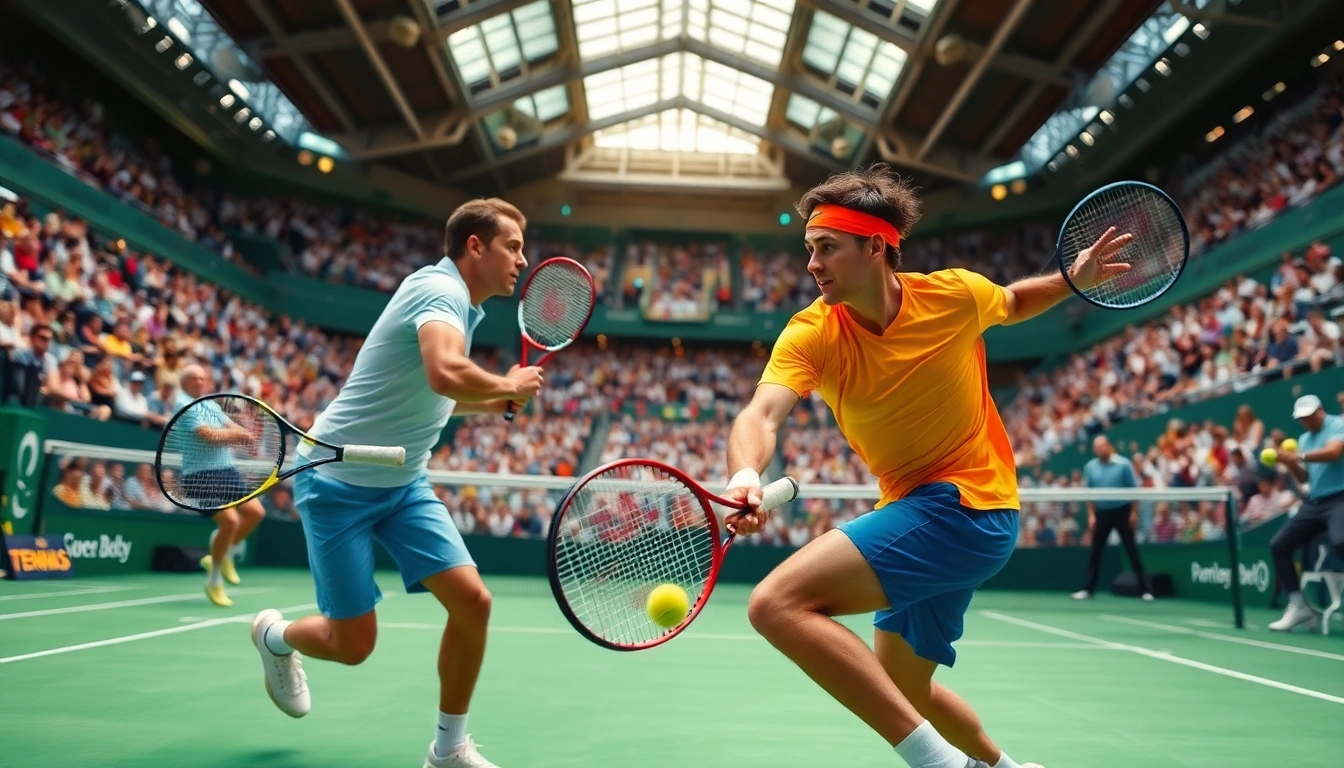Les paris sportif tennis intensifient le match de tennis professionnel, avec des joueurs en action et une ambiance dynamique. related image