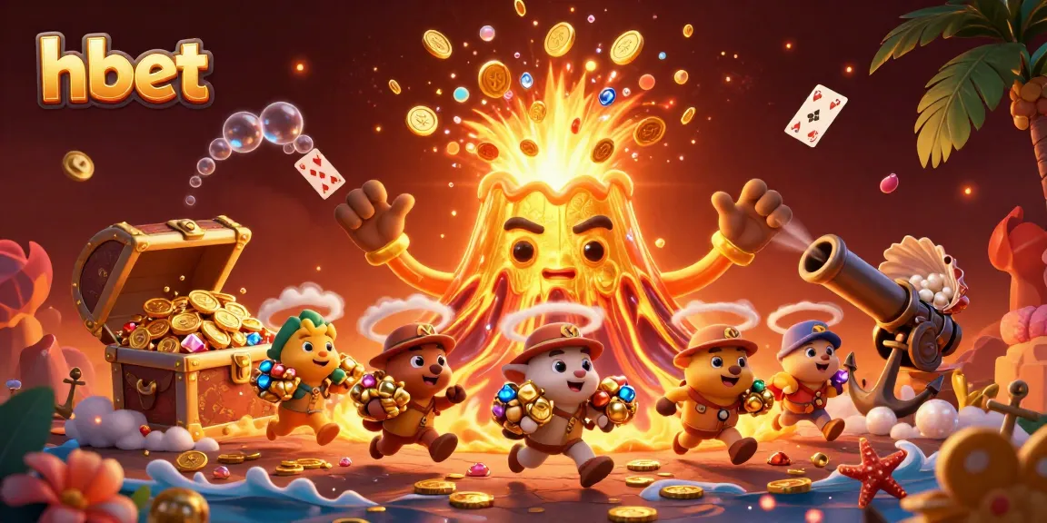 Experience thrilling hbet adventures with treasures erupting from a golden volcano in this vibrant casino scene.