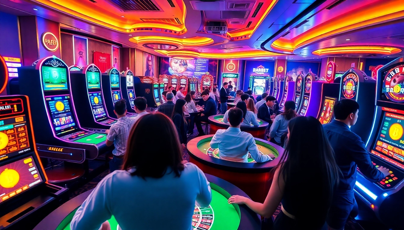 Les joueurs se divertissent dans un crypto casino avec des jeux illuminés et des symboles de cryptomonnaie.