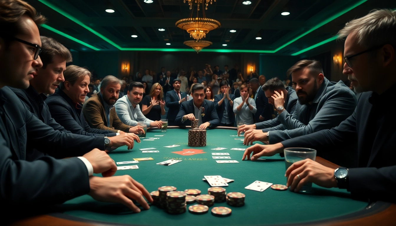 Joueurs concentrés autour d'une table de poker en ligne, captivant l'intensité du jeu.