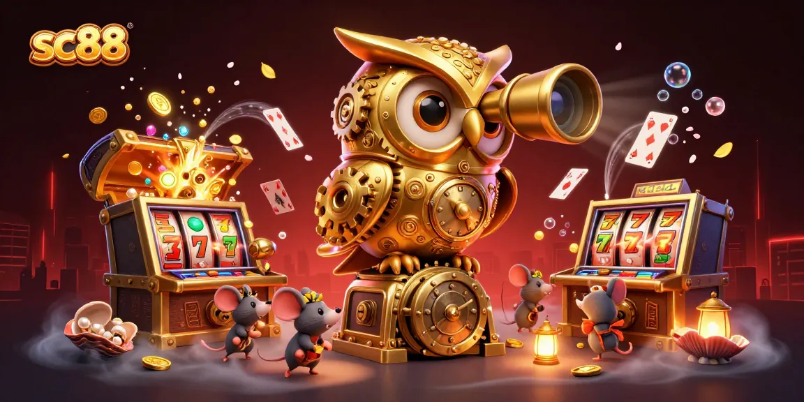 sc88 gaming scene featuring a golden owl overlooking slot machines and floating playing cards, dynamic casino atmosphere