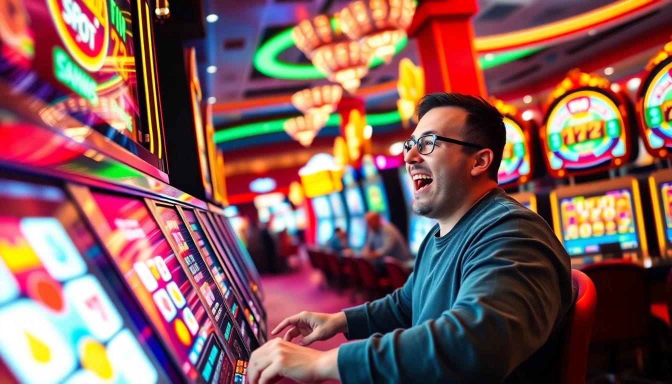Joueur heureux avec une machine à sous casino illuminée, créant une atmosphère ludique. related image