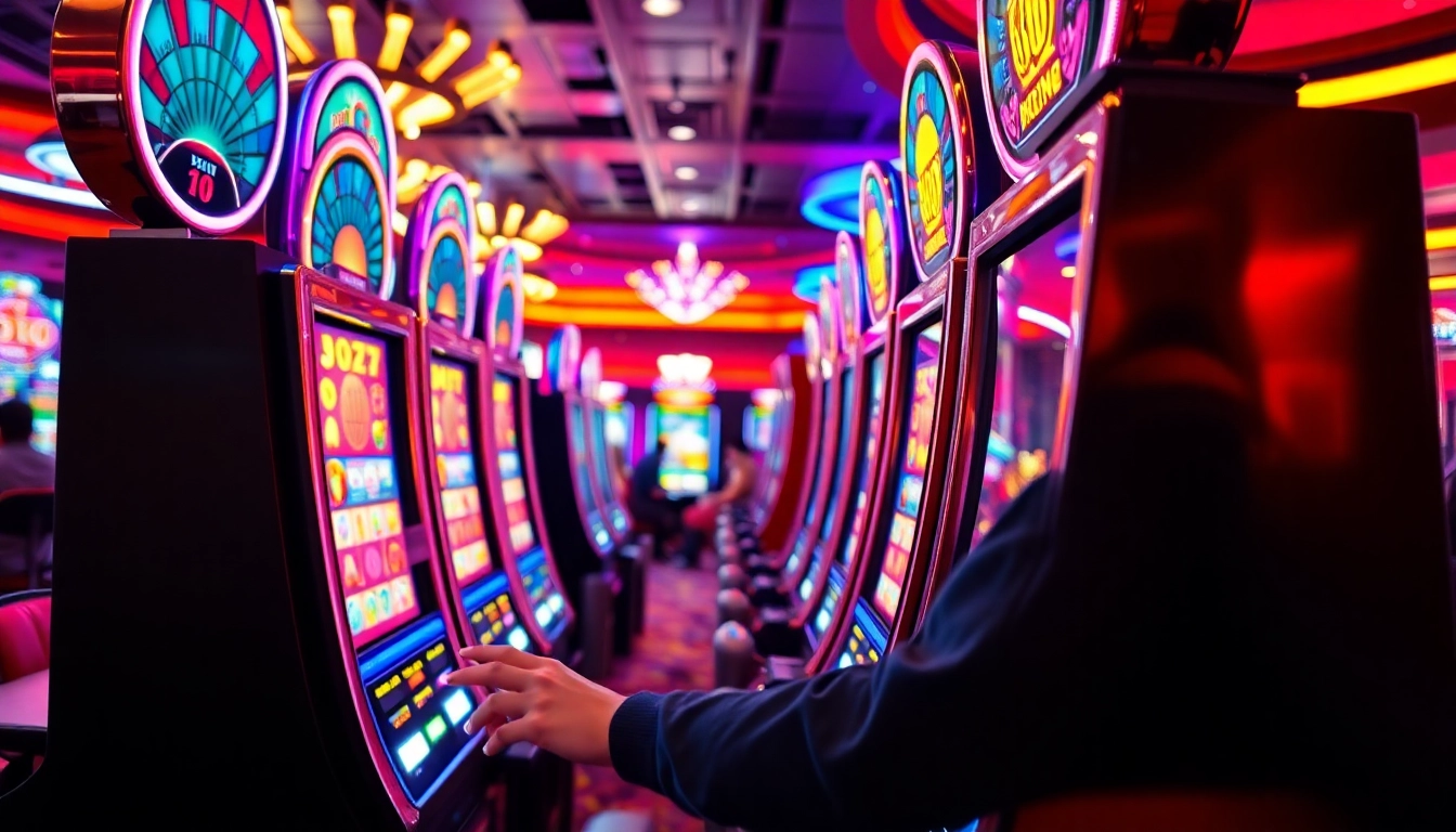 Joueur heureux avec une machine à sous casino illuminée, créant une atmosphère ludique.