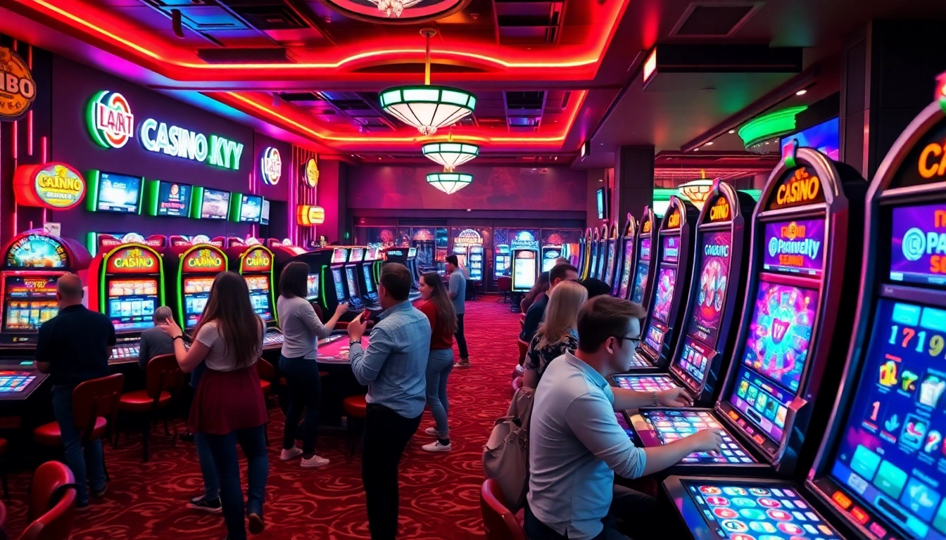 Les joueurs s'amusent dans un casino sans KYC, entourés de machines à sous et d'une ambiance vibrante. related image