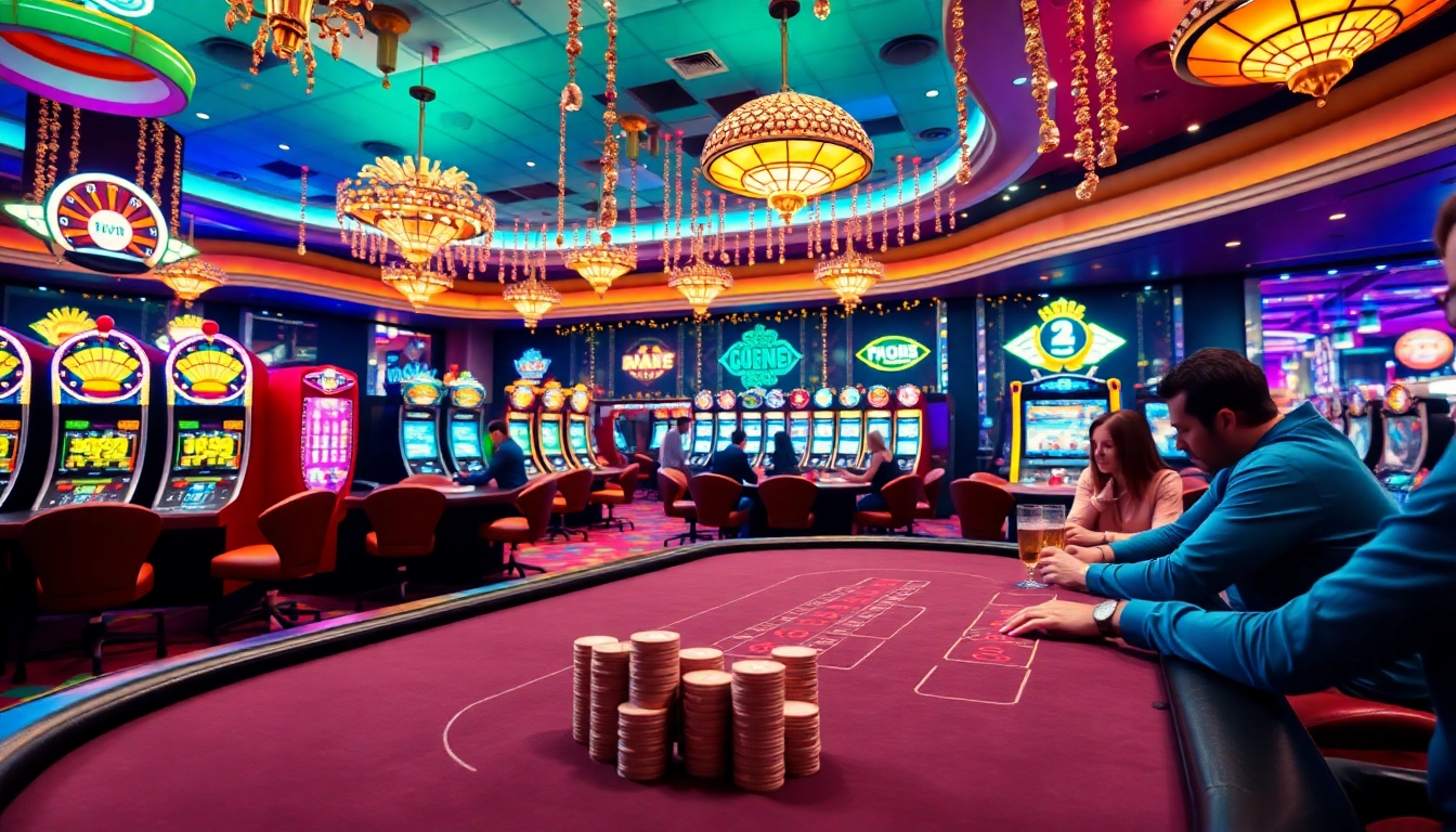 Engaging scene of players at casino en ligne france with vibrant slot machines and festive atmosphere.