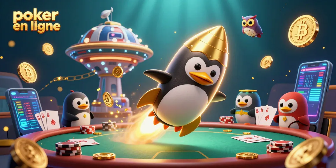 Jouez au poker en ligne avec un pingouin doré et des jetons flottant autour d'une station spatiale.