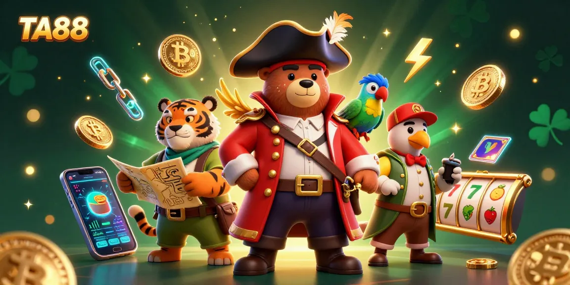 Bet big with TA88 in a vibrant casino scene featuring a pirate bear and tiger with crypto elements.