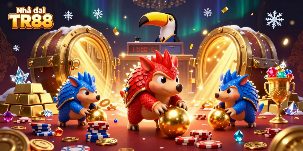 Engage with Nhà cái TR88 as pangolins roll into golden balls amidst poker chips in a vibrant scene.