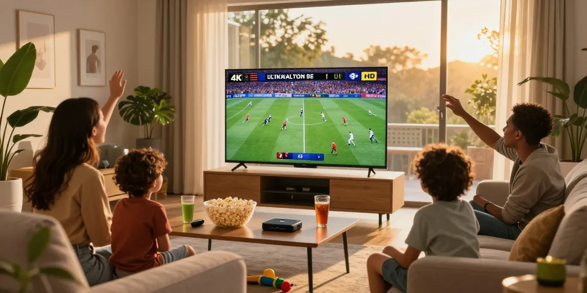 Profitez d'un abonnement IPTV pour regarder la TV en famille en 4K Ultra HD dans un salon chaleureux.