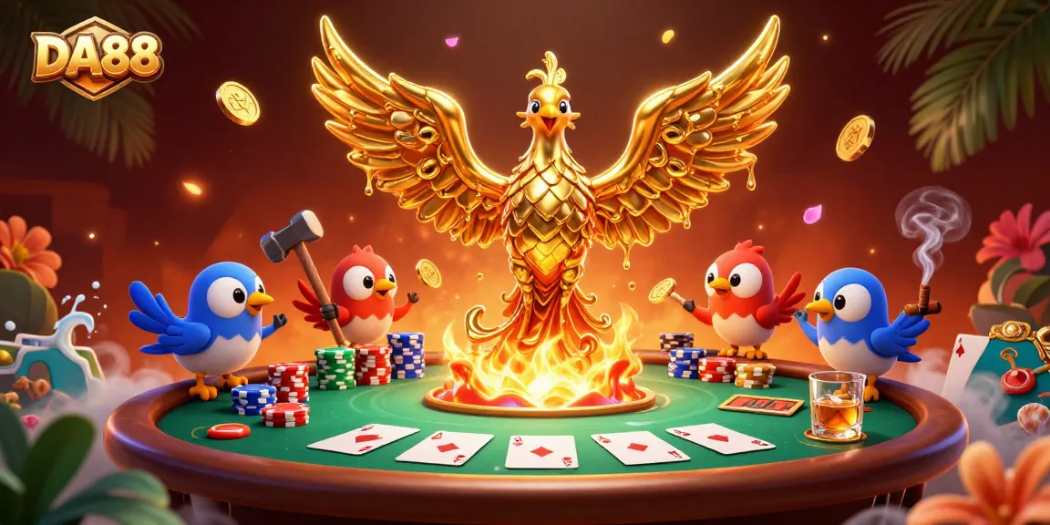 Play poker at DA88 with vivid 3D phoenix illustration surrounded by vibrant casino elements.