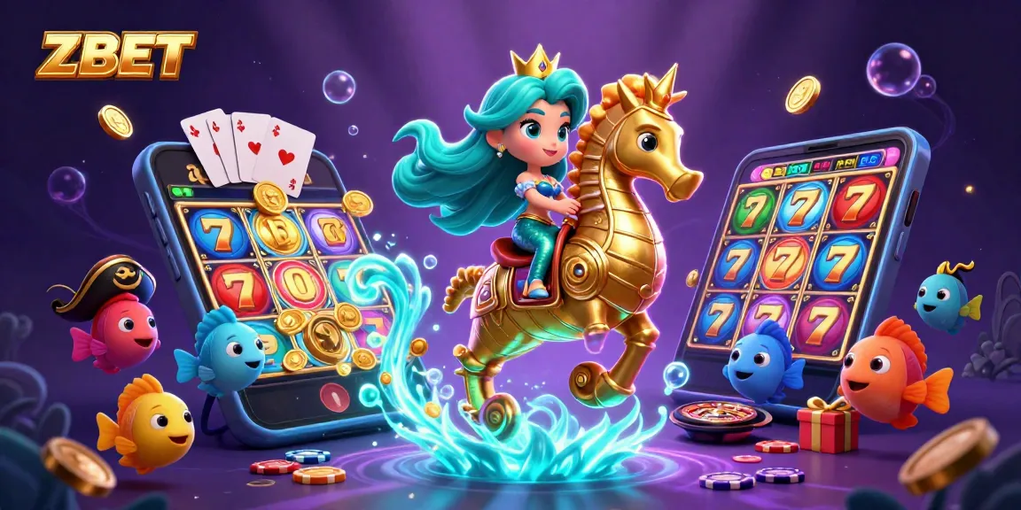 ZBET showcases a vibrant underwater casino with a mermaid princess and a seahorse, spinning slot rewards.
