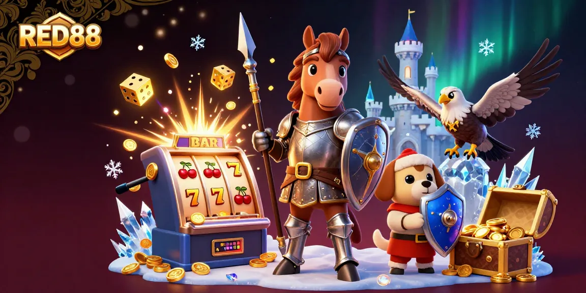 Experience the excitement of RED88 with a medieval-themed jackpot explosion full of casino symbols and characters.