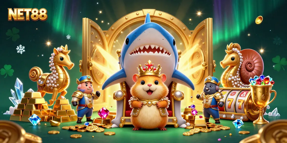 NET88 casino illustration featuring a fierce hamster king, treasure, and slot elements.