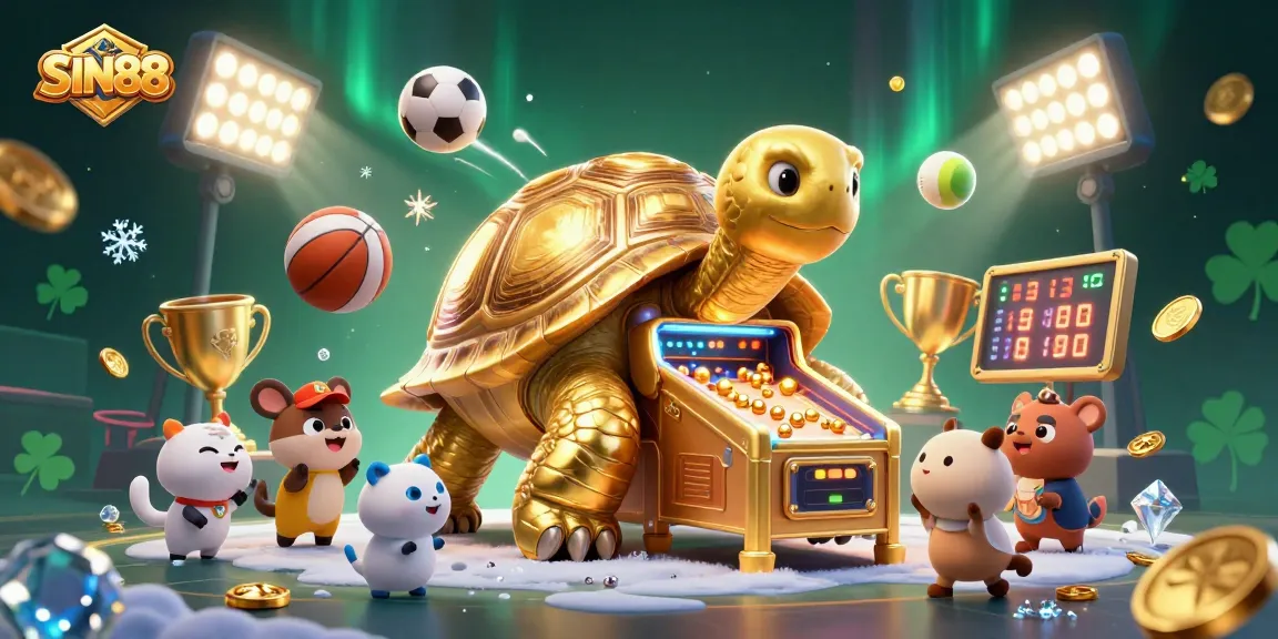 SIN88 casino-themed illustration with a colossal tortoise game machine, excited animals, and dynamic sports elements.