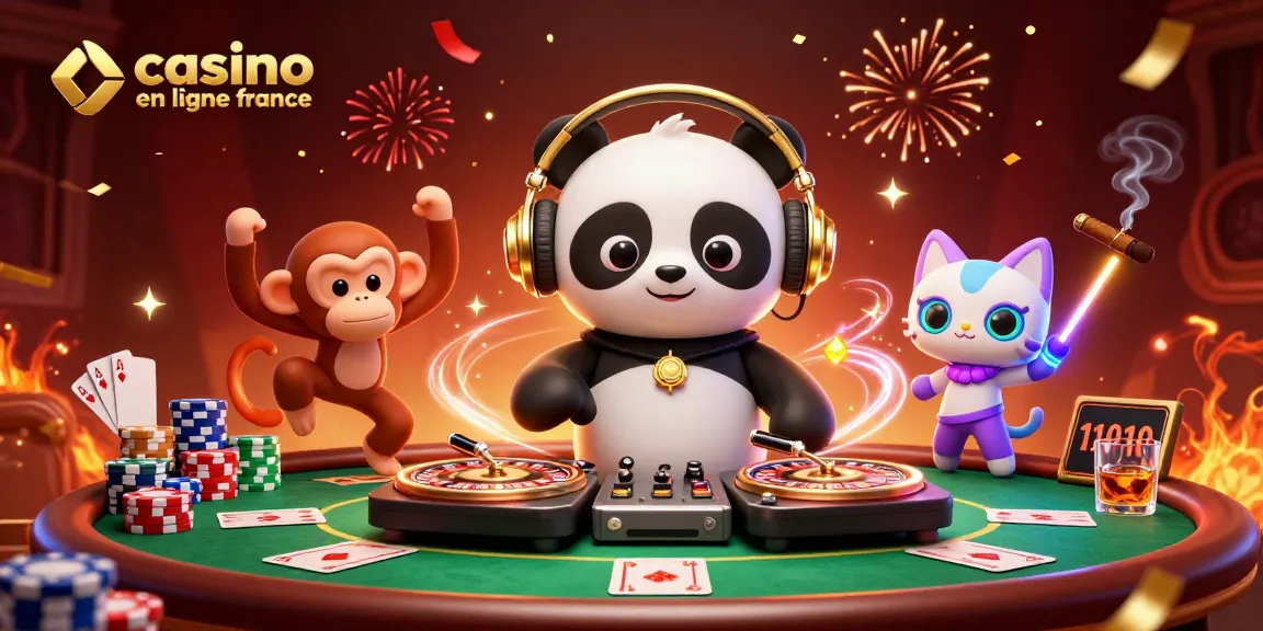 Revivez l'excitation des jeux avec casino en ligne france dans une illustration dynamique de DJ panda.
