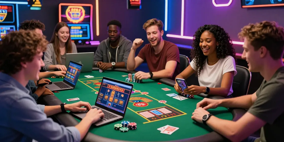 Amis jouant à des jeux de casino en ligne, ambiance festive et colorée, casino en ligne France.