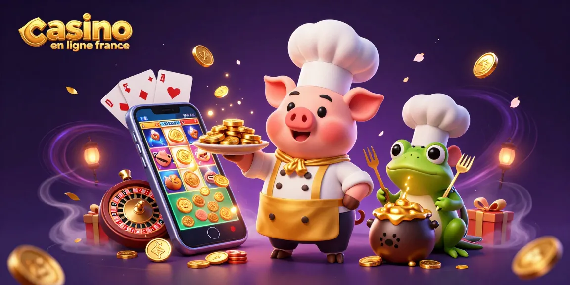 Casino en ligne France : chef cochon servant des pièces d'or avec un rat et une grenouille dans un décor festif