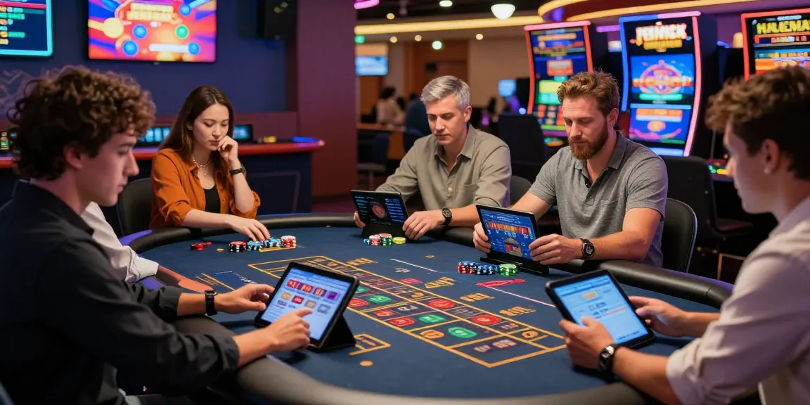 Joueurs engagés sur un casino en ligne France avec un croupier en direct, utilisant des tablettes et smartphones pour parier, ambiance dynamique et festive.