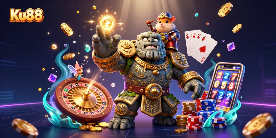 Experience the magic of Ku88 with a vibrant casino-themed illustration showcasing a golem guardian and sparkling gems.