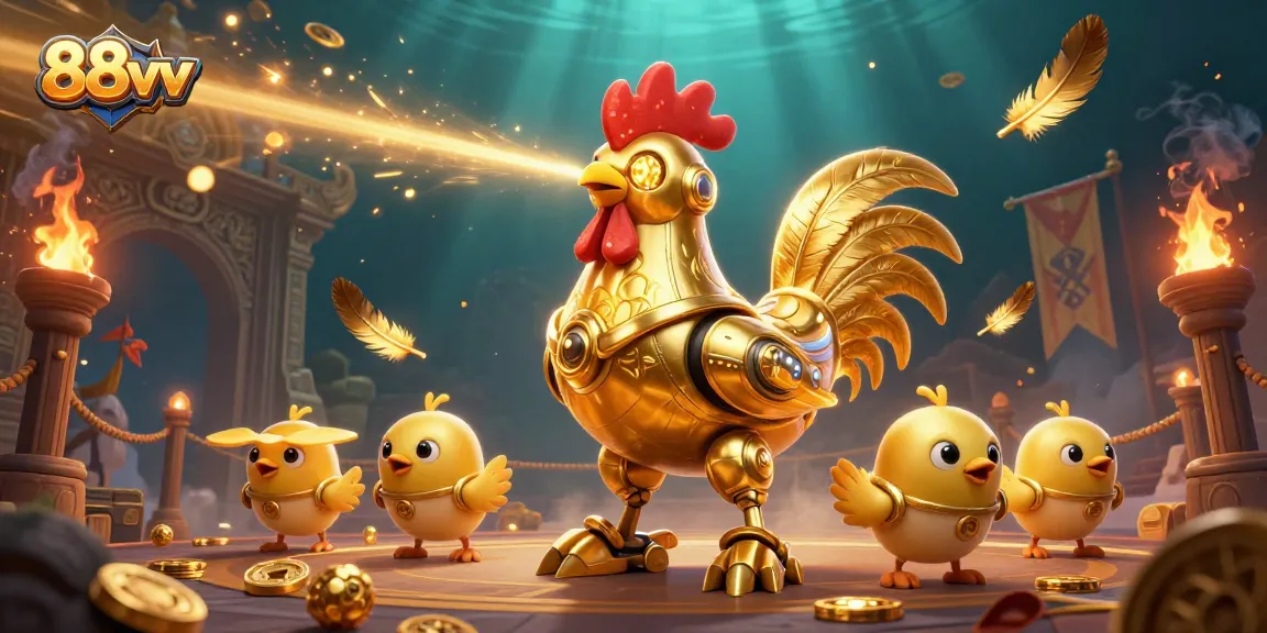 Experience thrilling gameplay at 88vv with golden rooster robot and baby chick drones amidst festive gaming elements.