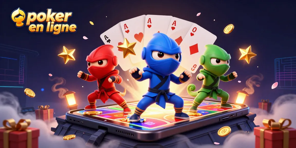 Jouer à poker en ligne avec des personnages colorés, pièces de monnaie d'or et cartes éparpillées.
