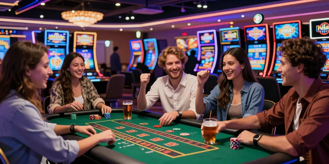 Amis jouant à des jeux au casino en ligne France, ambiance festive avec lumières vives et rires.