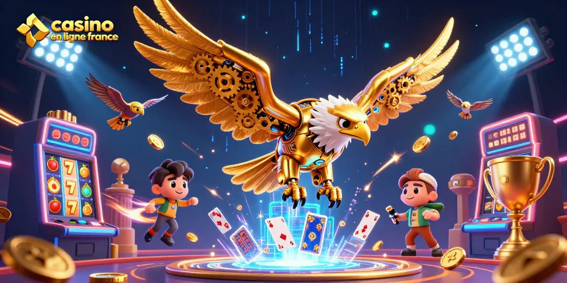 Jouez au casino en ligne France dans un décor dynamique rempli de machines à sous, cartes brillantes et trophées.