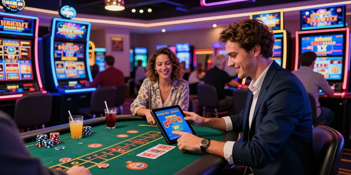 Casino en ligne France avec joueur engagé, lumières vives et jeux variés créant une ambiance excitante.