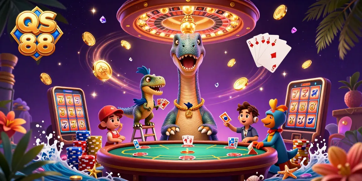 Experience the thrill of QS 88 where a quirky brontosaurus towers over casino games, dealing cards and inviting adventure.