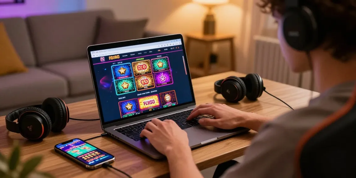 Casino en ligne France : joueur dans un salon cosy avec ordinateur et accessoires de jeu.
