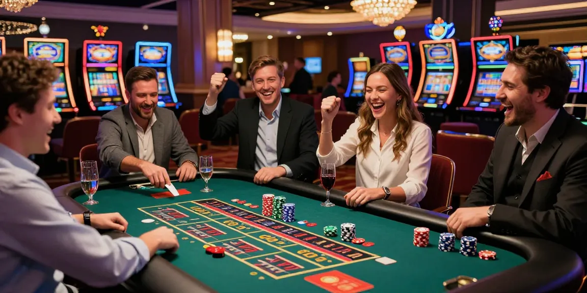 Scène de casino en ligne France avec ambiance festive et joueurs autour de la roulette
