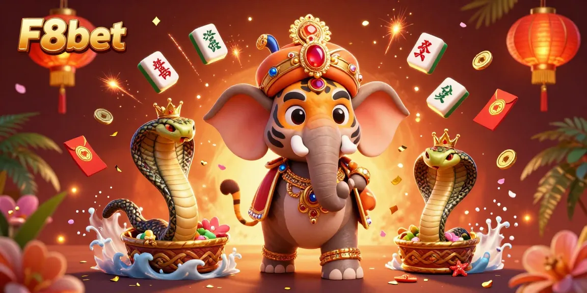 F8bet showcases a vibrant online casino scene with a majestic tiger and rich decorations