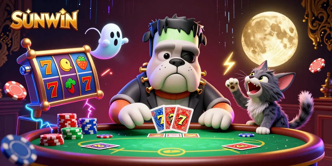 SUNWIN brings a thrilling poker night with spooky characters, vibrant casino elements, and floating ghost mice.