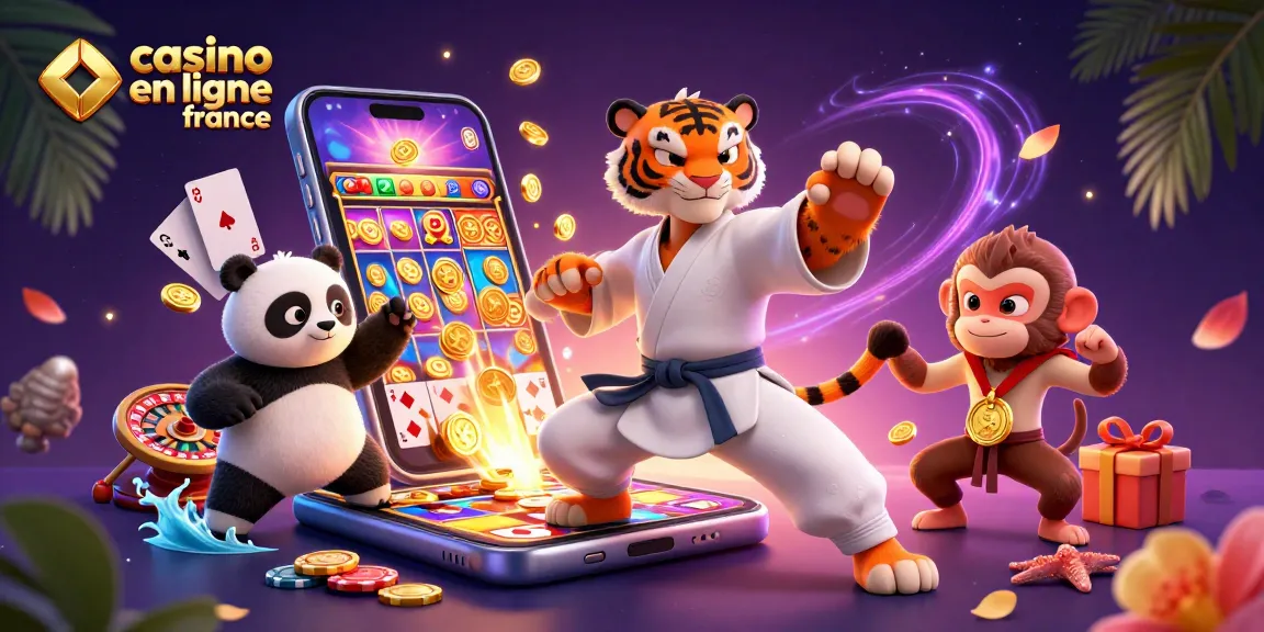 Illustration animée captivante, casino en ligne France avec tigre kung-fu et jeux de casino.
