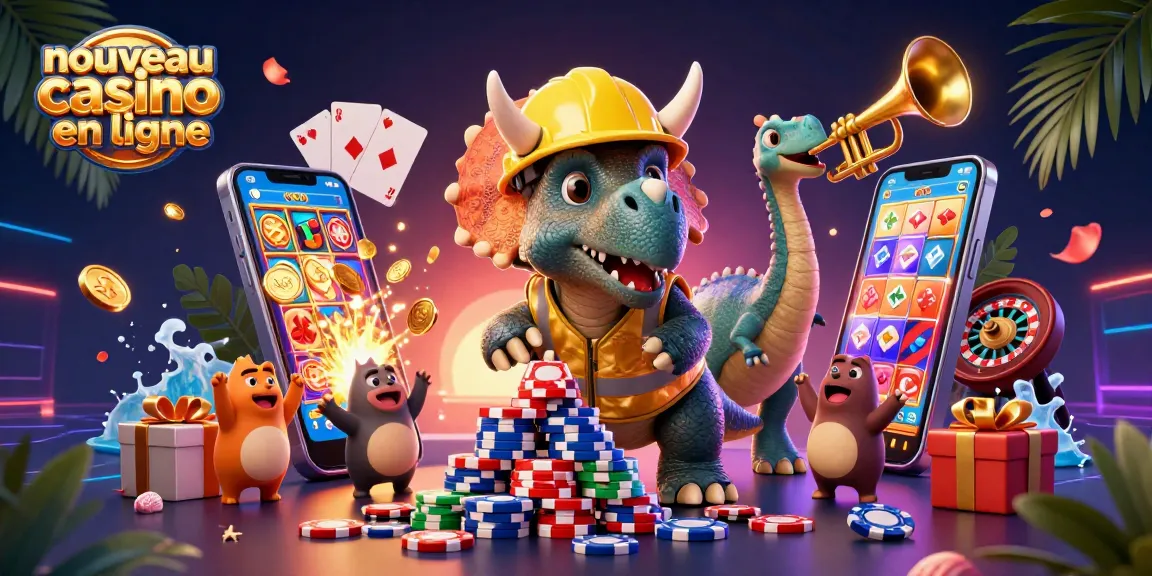Illustration dynamique d'un nouveau casino en ligne, célébrant des jeux avec des personnages animés.